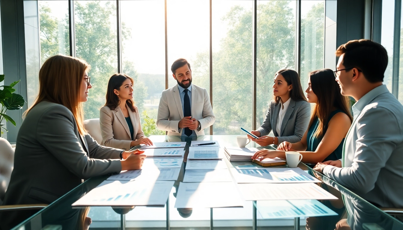 Engaged legacy bridge advisors collaborating with clients in a modern, professional office