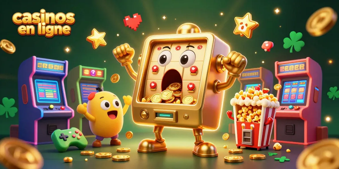 Trois machines à sous colorées célèbrent les jackpots dans une scène de casinos en ligne.