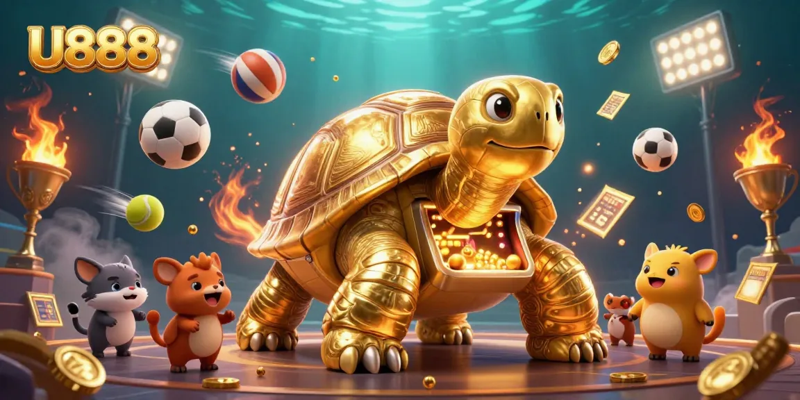 Experience thrilling gameplay with U888, showcasing a golden tortoise pinball machine surrounded by dynamic sports elements.