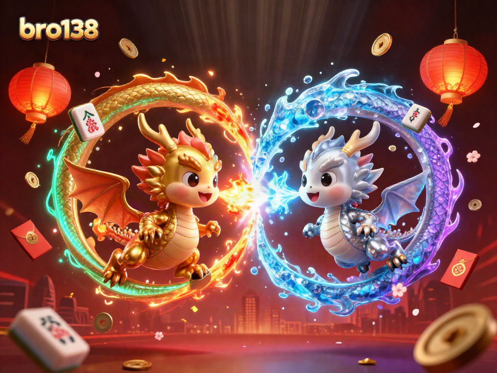 Engage with the dynamic world of bro138, where gold and silver dragons battle flames and ice in this vibrant casino illustration.