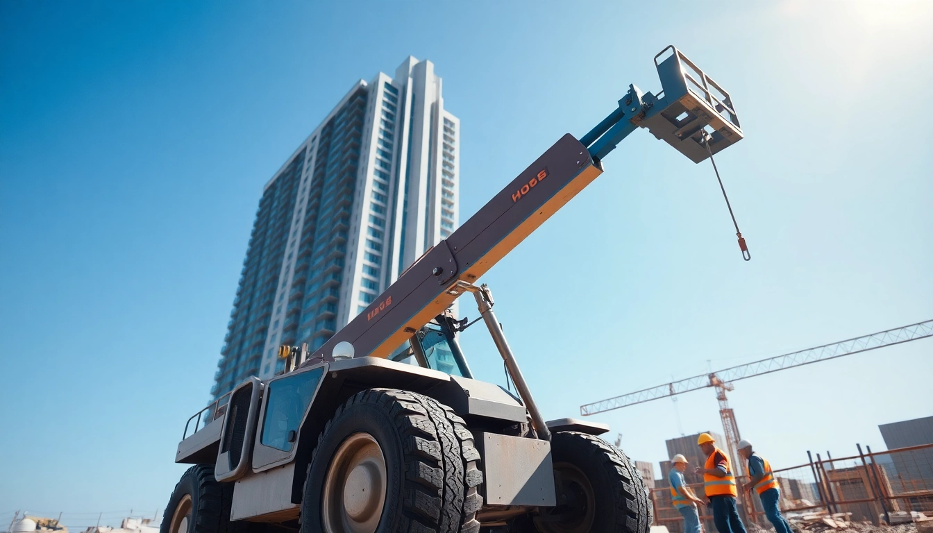 Telehandler lifting materials at a busy construction site with workers coordinating below.