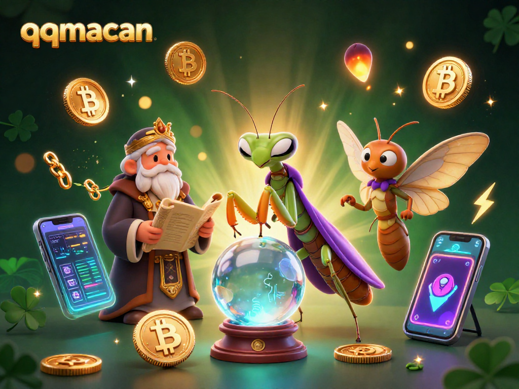 Place bets wisely with qqmacan in a vibrant casino scene with mystical characters and crypto elements.