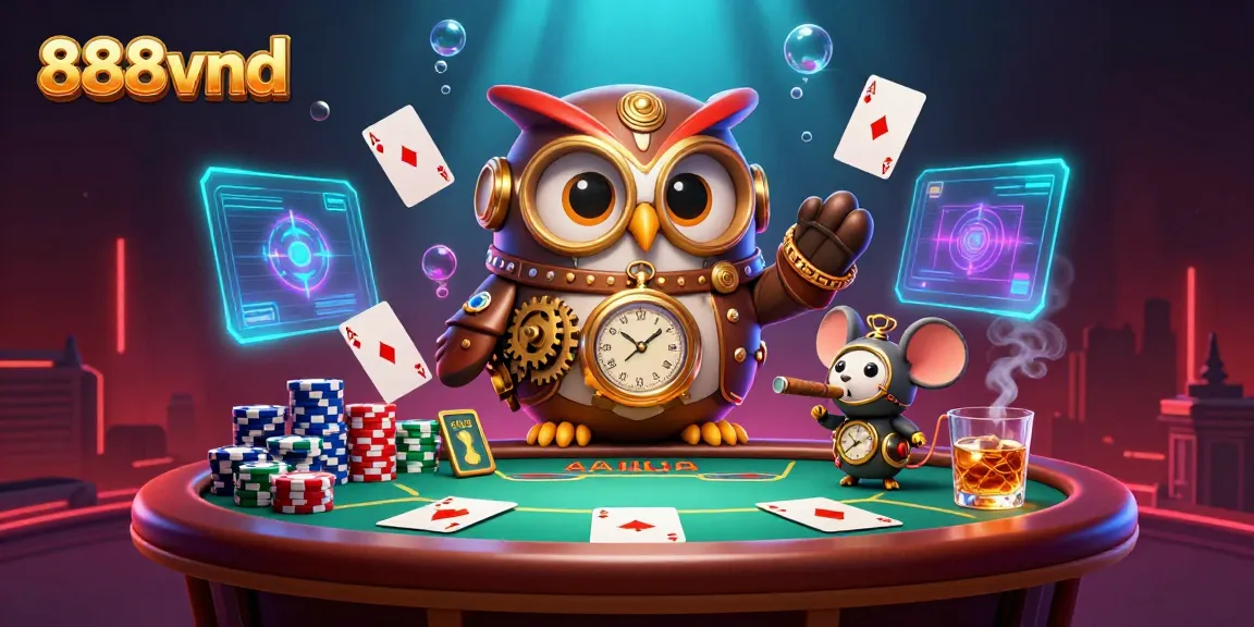 Experience the excitement of 888vnd with a dynamic steampunk casino scene featuring a whimsical owl and poker elements.