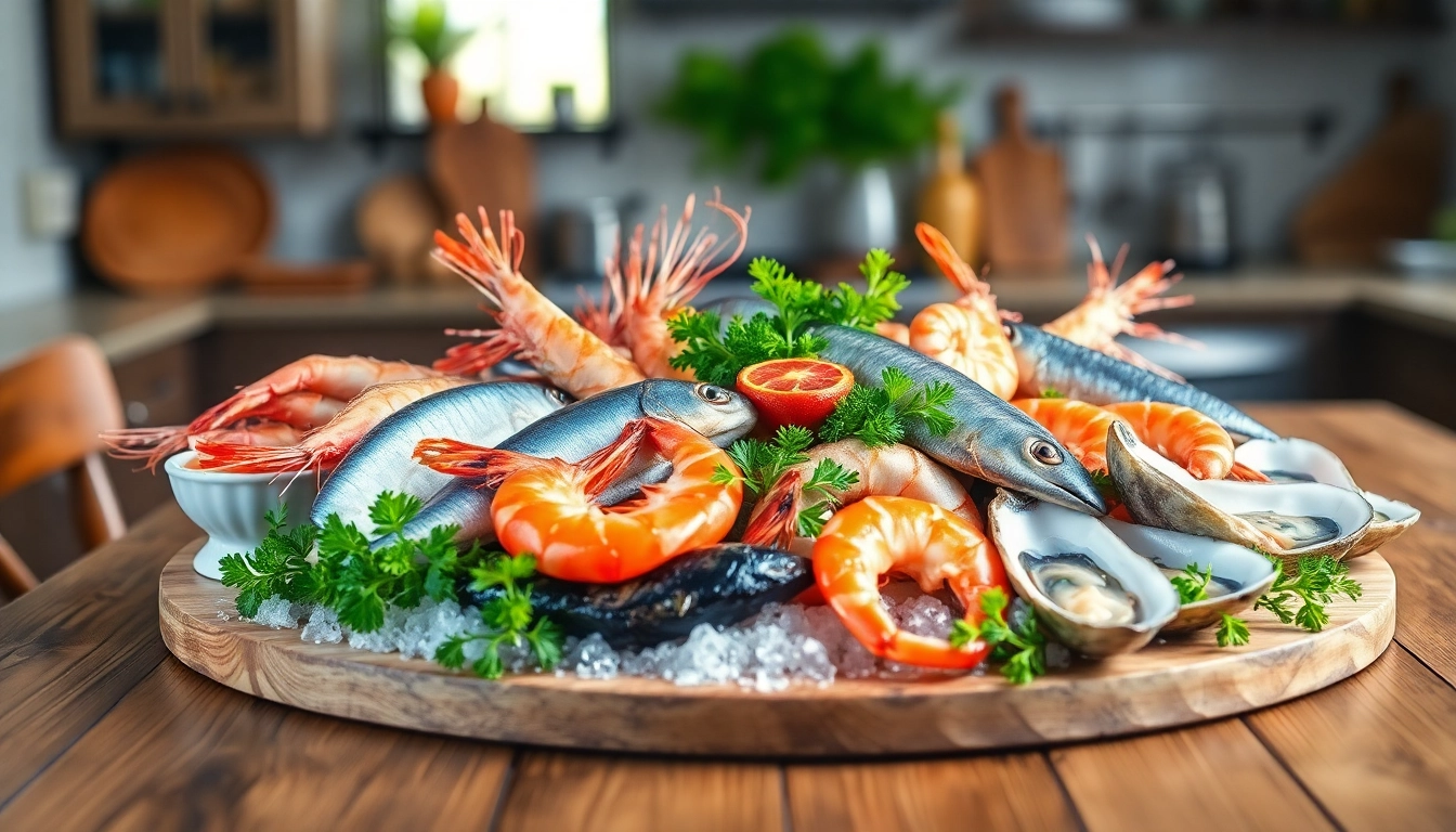 Showcasing premium seafood exporter platter with fresh fish and shrimp on a rustic table.