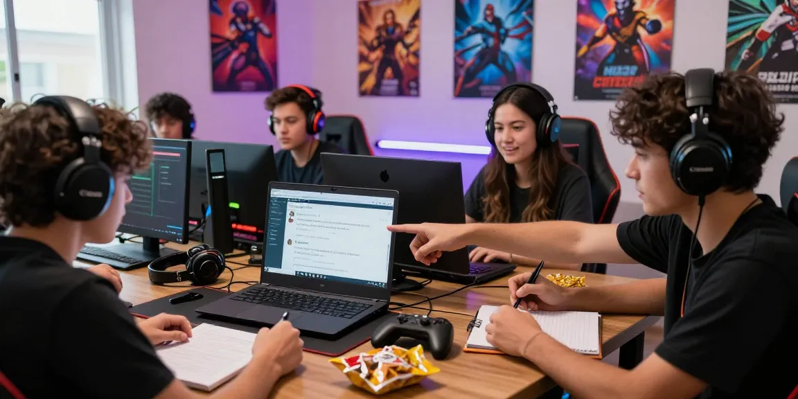 Gaming community members discussing 먹튀스팟 검증사이트 reviews with laptops and notes.