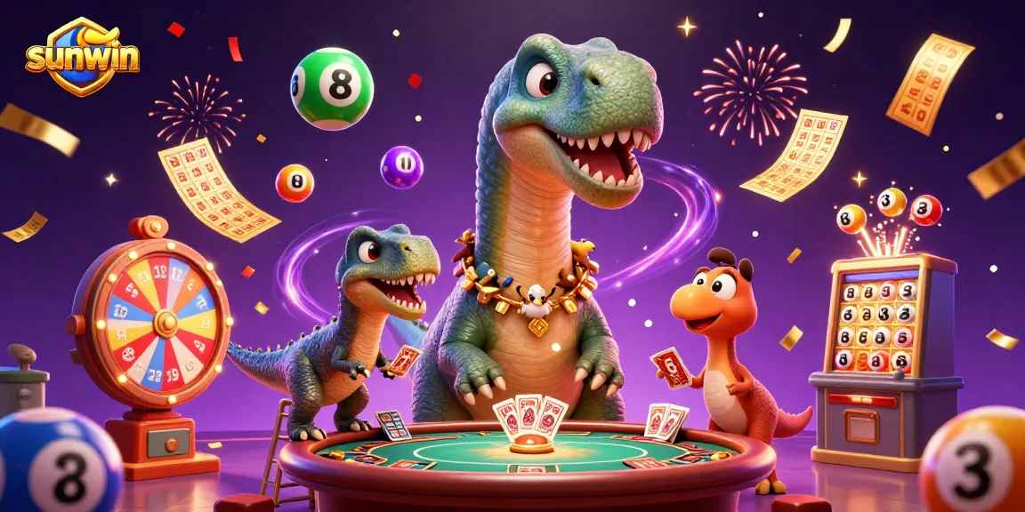 Immerse in the excitement of sunwin as a brontosaurus interacts with a clever raptor and colorful gambling elements.