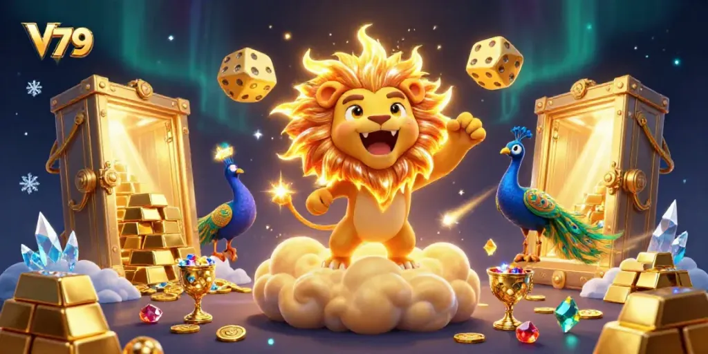 Experience thrilling gameplay at V 79 with the vibrant 3D casino illustration showcasing golden treasures and dynamic characters.
