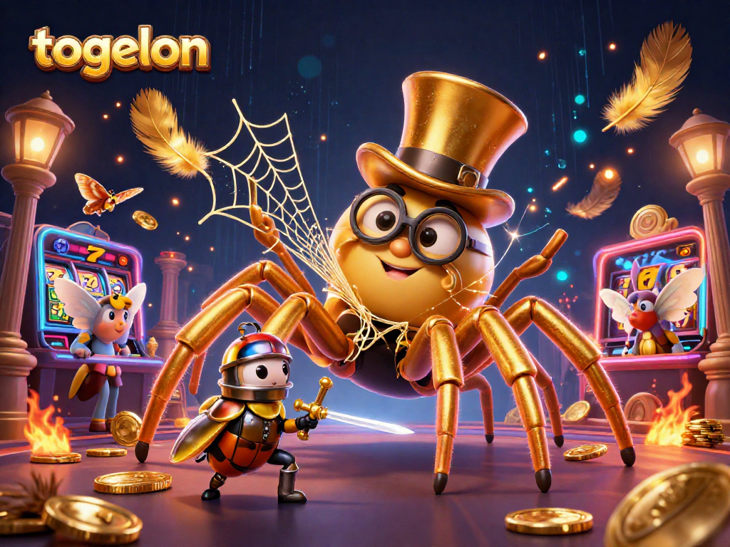 Experience thrilling gameplay with togelon, featuring a daring beetle knight and a golden tarantula in an elaborate casino.