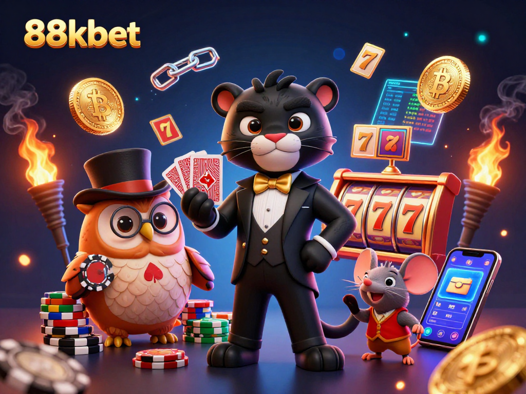 Engage in exciting gameplay at 88kbet with a chic panther dealer, owl with poker chips, and a lucky mouse surrounded by slots.