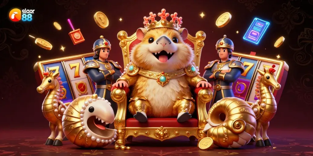 Experience thrilling gaming with slot gacor 88 featuring a golden hamster king and dynamic casino elements.