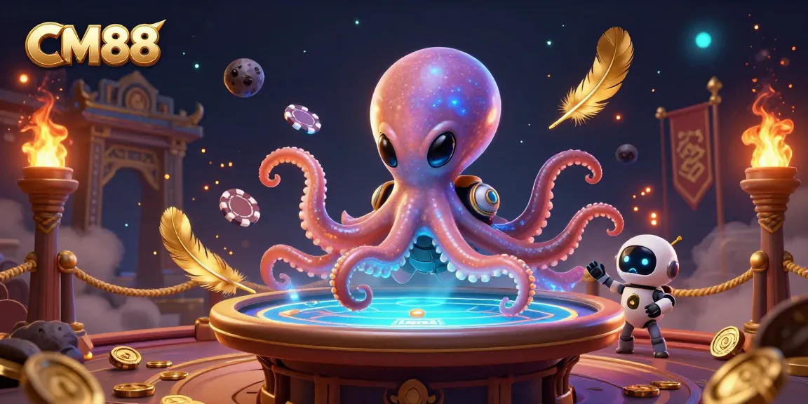 CM88 showcases an alien octopus wielding a holographic poker table, orbiting poker chips and vibrant elements.