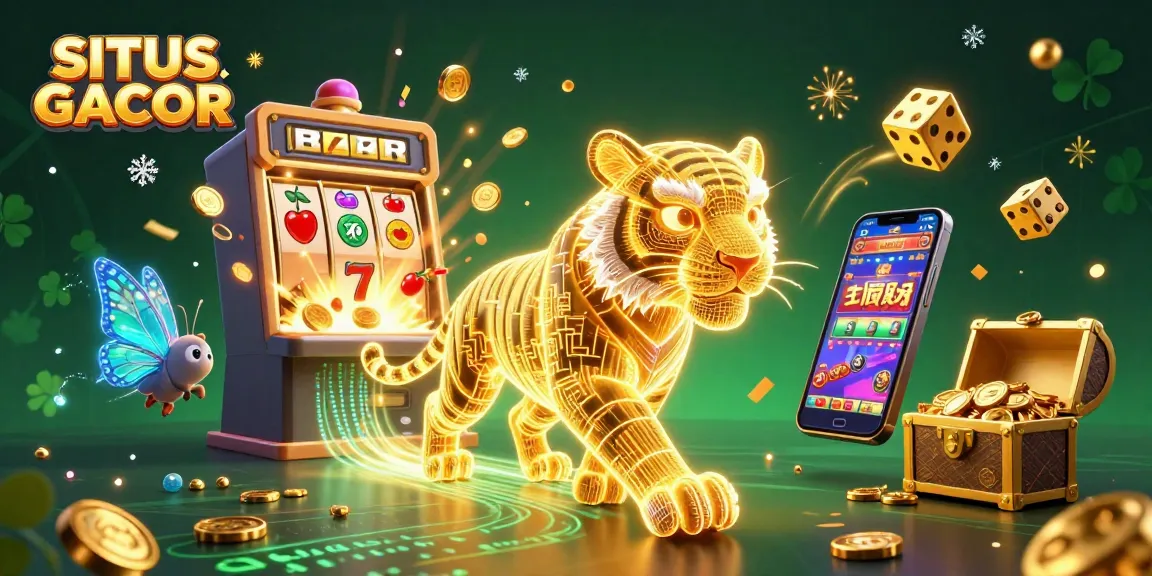 SITUS GACOR reveals a dynamic digital casino scene with a vibrant tiger and jackpot wins.