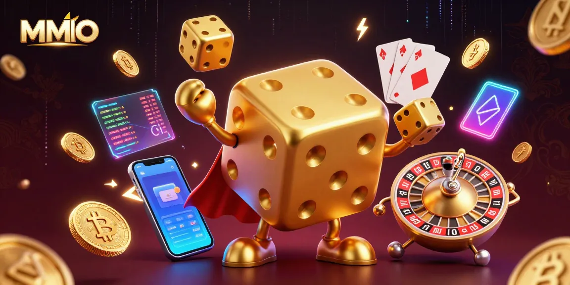 Engage with MMOO’s vibrant 3D casino scene featuring a dice golem and crypto elements.