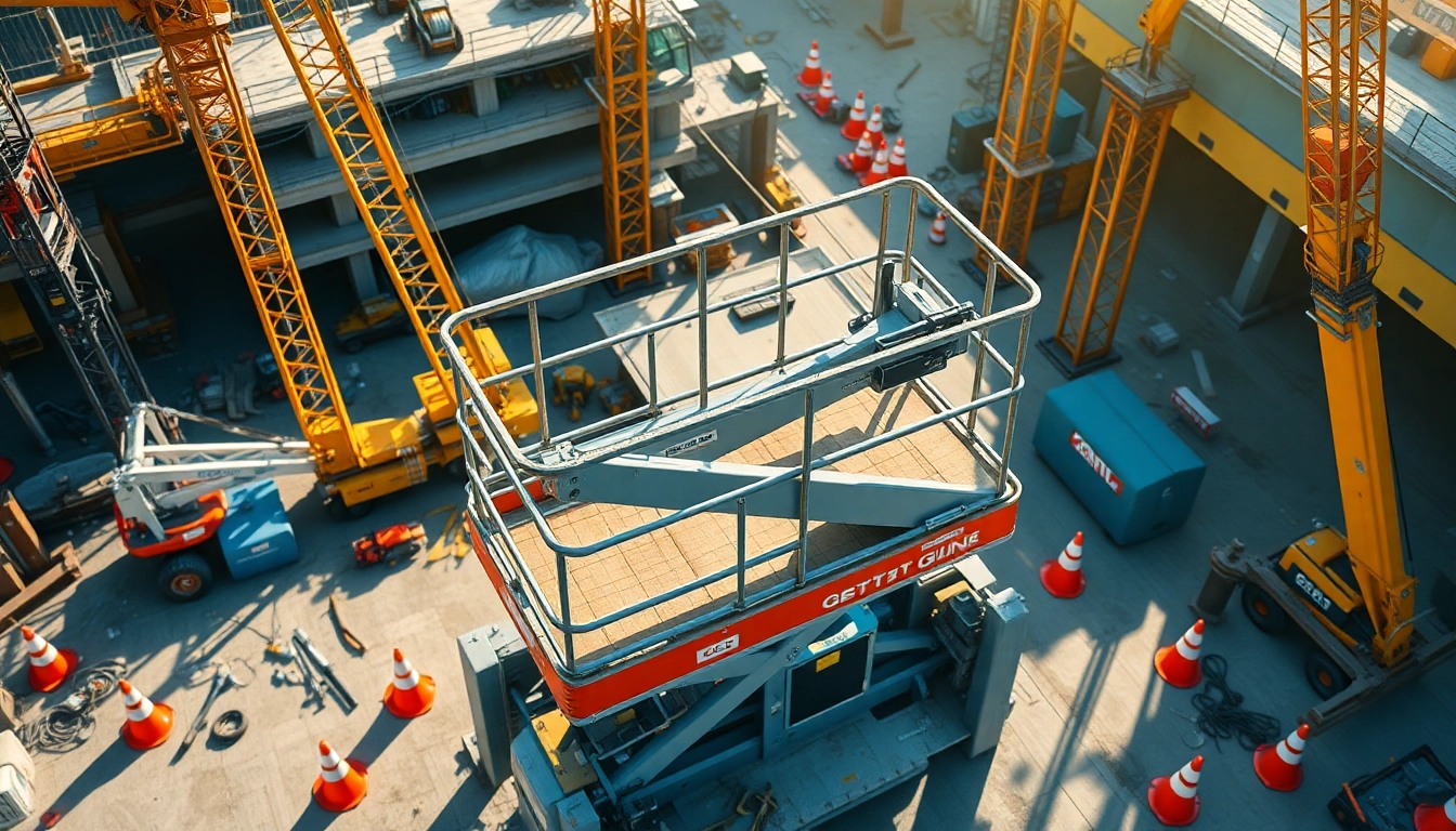 Showcasing a genie lift in action at a construction site, demonstrating its robust capabilities.