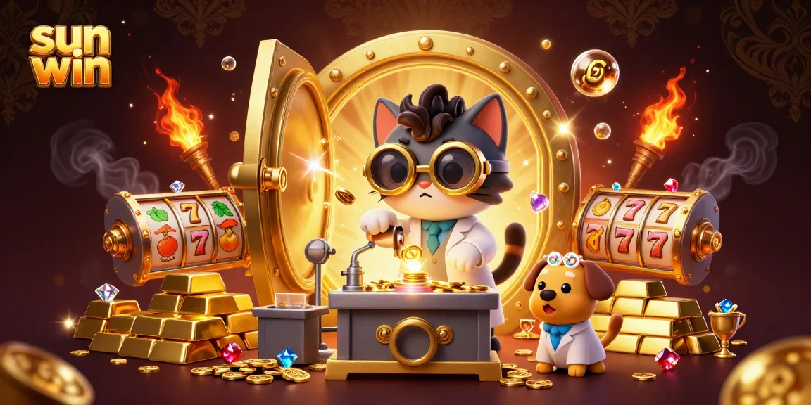 Engage in sun win strategies with our 3D casino scene featuring vibrant slot reels and playful characters.