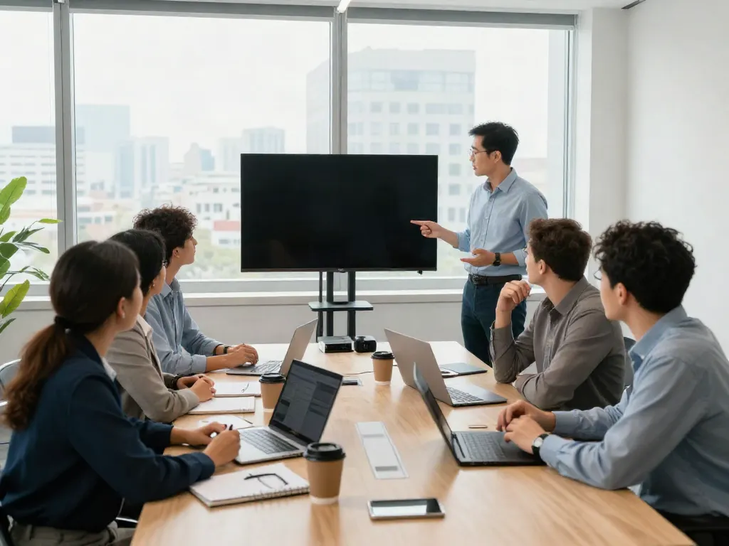 Team collaborating in a corporate meeting room to read full report and strategize.