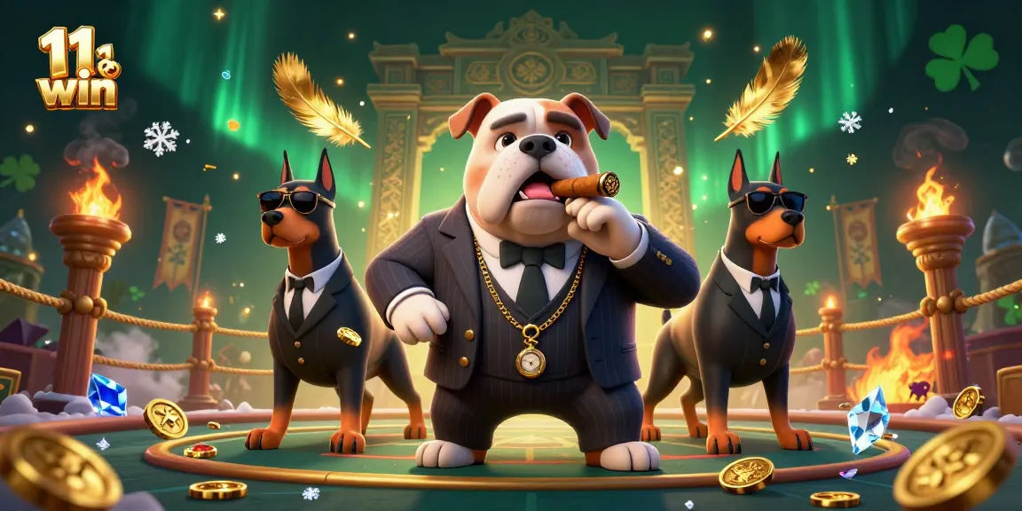 Experience thrilling gameplay with 11 win in this vibrant casino scene featuring a mafia bulldog.