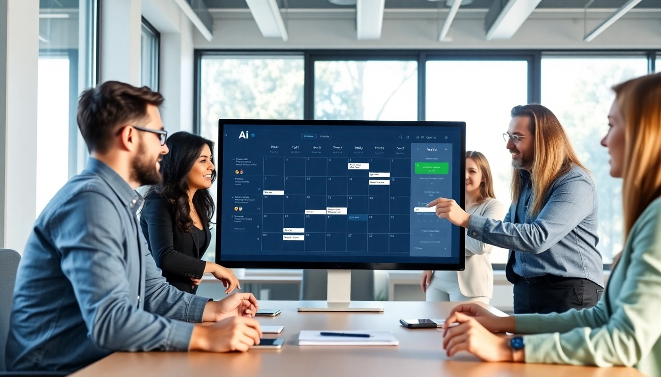 Reduce scheduling time AI by showcasing a diverse team in a modern office collaborating over a digital calendar.