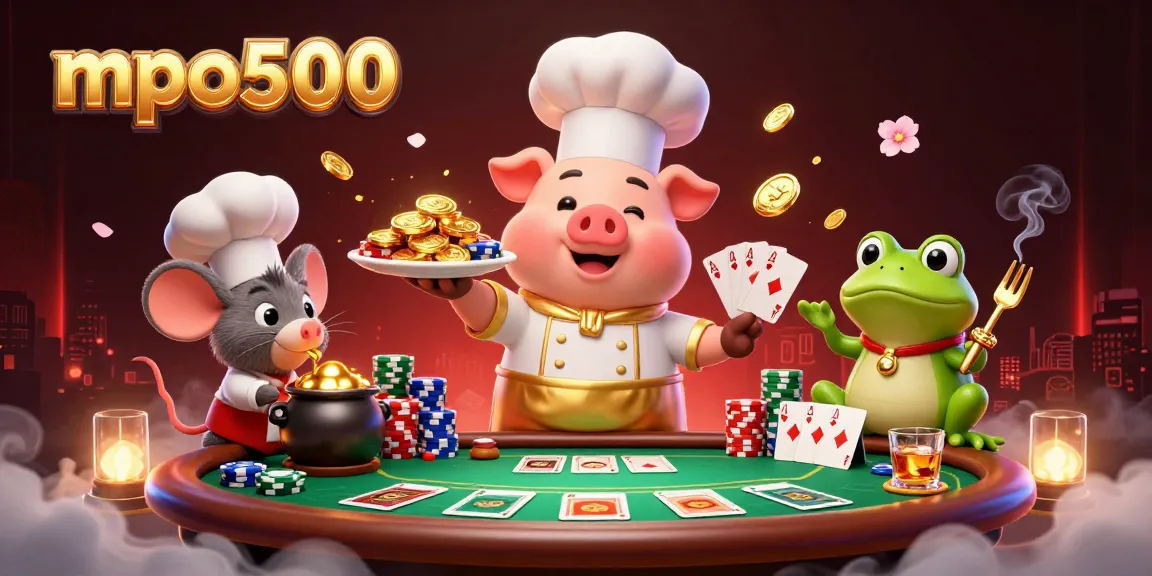 Experience the thrill with mpo500 as the chef pig serves gold coins in a vibrant casino scene.