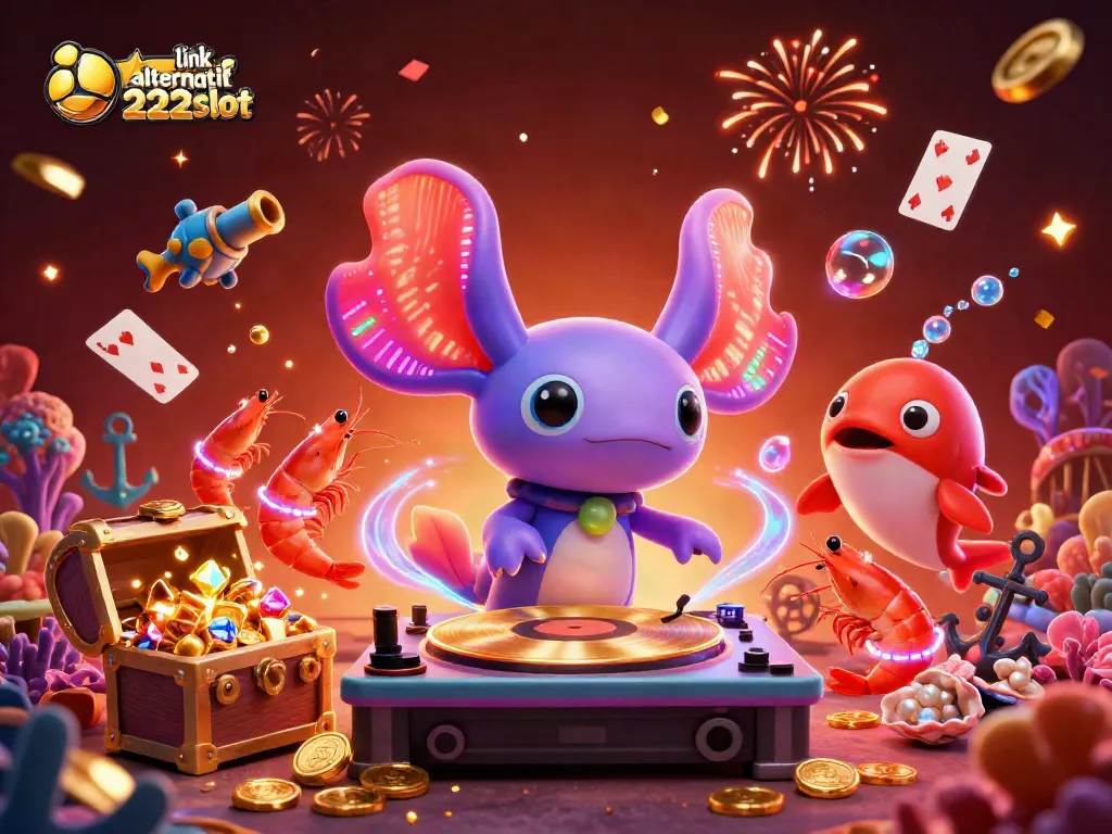 Mengoptimalkan link alternatif 222slot dengan ilustrasi neon DJ axolotl dan harta karun yang berkilauan.