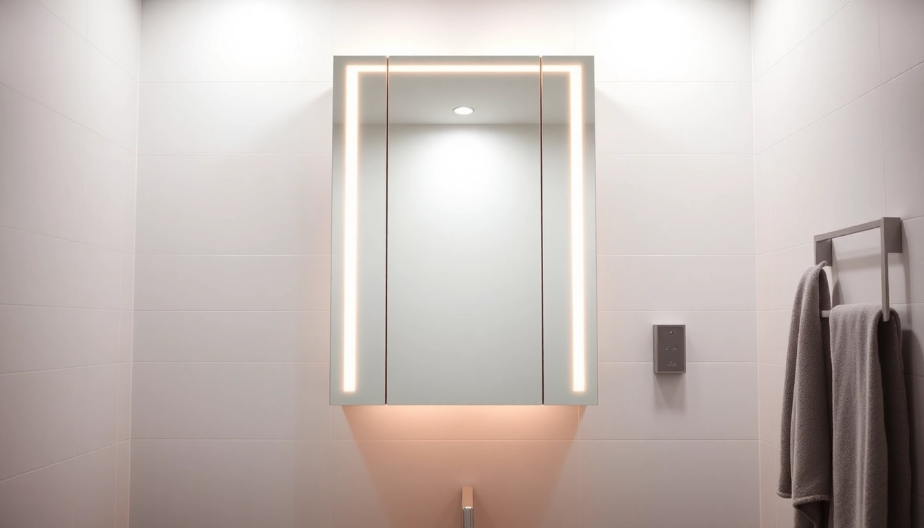 Spiegelschrank Bad mit Beleuchtung, modern und elegant in stilvollem Badezimmer präsentiert.