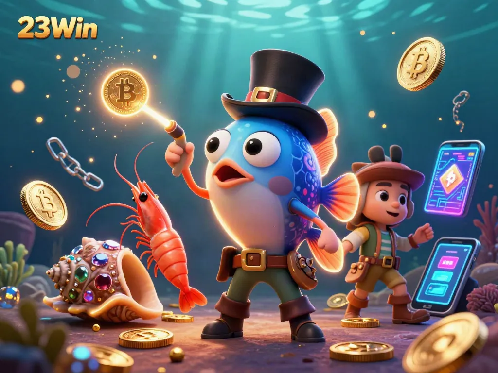 Experience online gaming thrill with 23Win's cartoon underwater casino scene, collecting digital treasures.