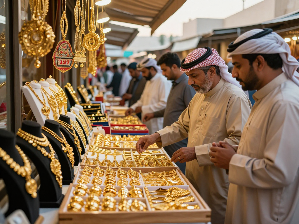 Experience the vibrant gold market in Bahrain with mantra 88 amidst gleaming 24K jewelry and dynamic trading interactions.