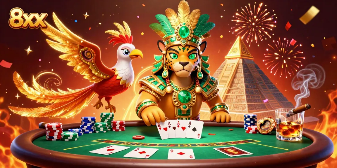 Engage with exciting 8xx gaming visuals featuring a Mayan jaguar priest and poker dynamic.