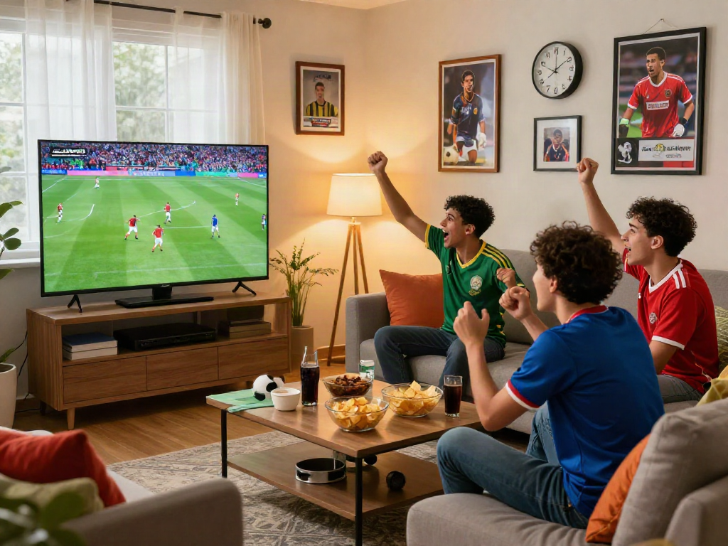 Menonton live streaming bola gratis dengan teman-teman di ruang tamu yang nyaman