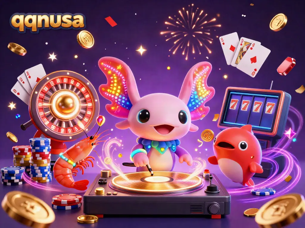 Experience the excitement of qqnusa with vibrant casino illustrations of a DJ and dazzling game elements.