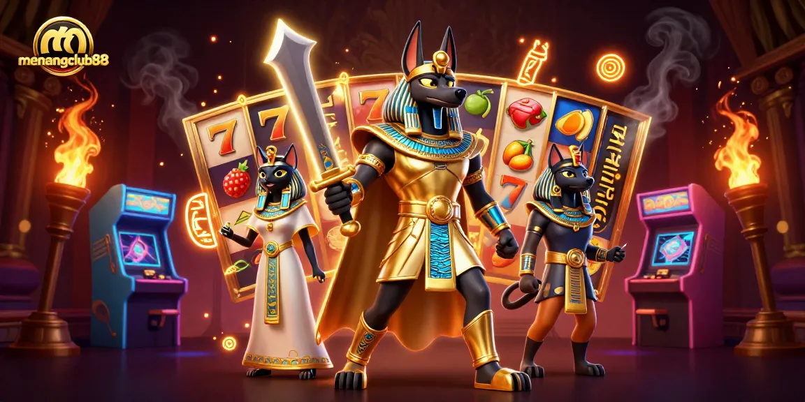 Engage in thrilling games at menangclub88 with Anubis and Bastet in a vibrant casino scene.