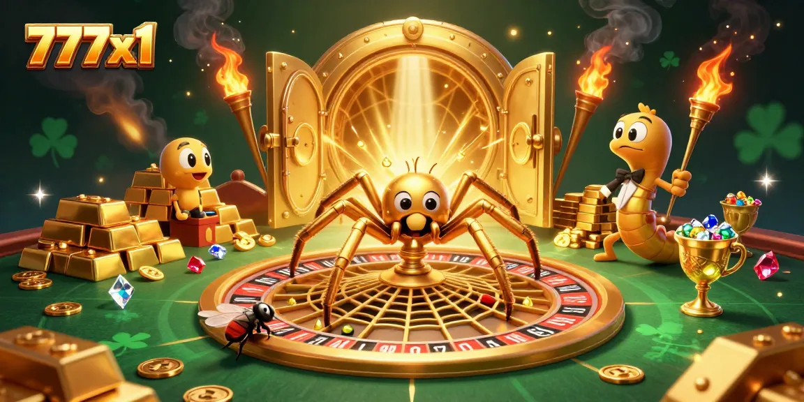Experience thrilling spins with 777x1, featuring a golden spider, roulette wheel, and treasure galore.