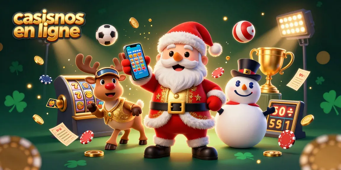 Vivez l'excitation des casinos en ligne avec ce Santa au smartphone, entouré de symboles de jeu.