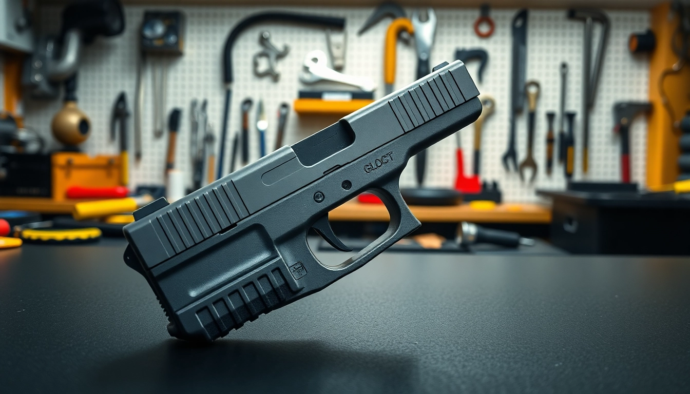 Showcasing a glock 17 slide oem on a workbench, highlighting its precise engineering details and sleek design.