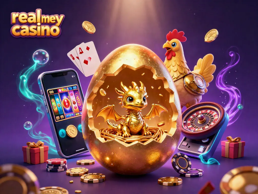 Experience the thrill at a real money casino with a golden dragon and poker chips in 3D illustration.