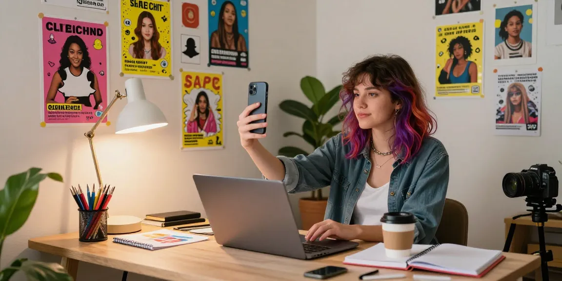 Creative young woman in cozy studio exploring snapchat amateur content creation