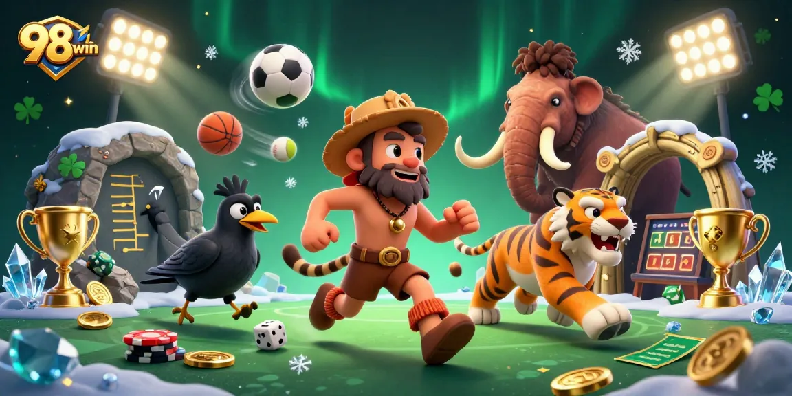 Bet on thrilling games at 98win's energetic prehistoric casino with captivating characters.
