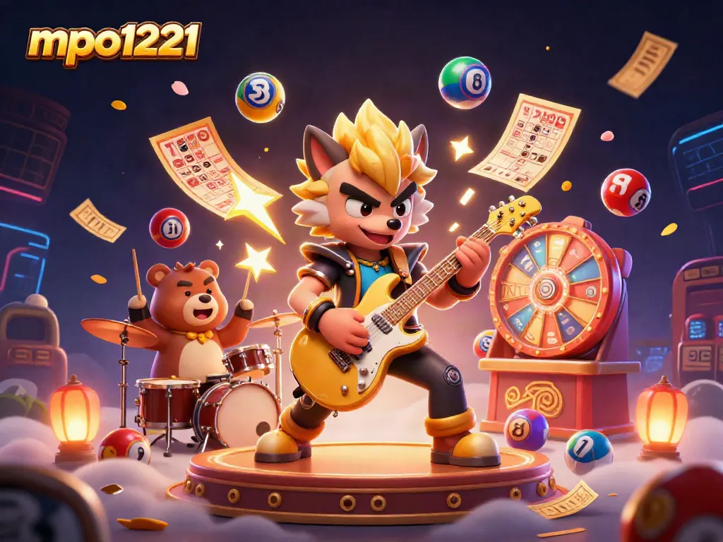 Spin the reels with mpo1221, experiencing an electrifying casino stage featuring vibrant characters and lottery elements.