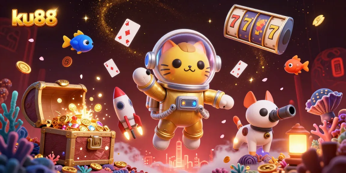 ku88 features an engaging scene with a space astronaut cat, robot dog, and gambling elements.