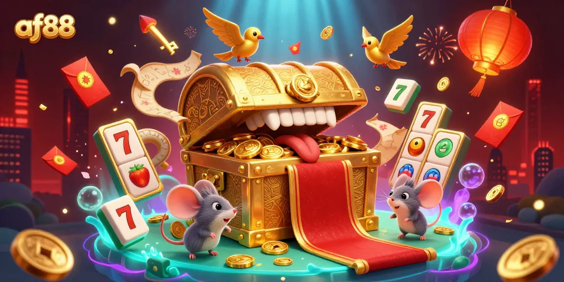 Experience the thrill of gaming at af88 with dynamic slot reels, golden treasure, and vibrant casino elements in a rich 3D illustration.