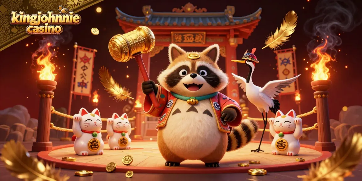 Experience the thrill at kingjohnnie casino with a cartoon tanuki and lucky symbols in a vibrant 3D scene.