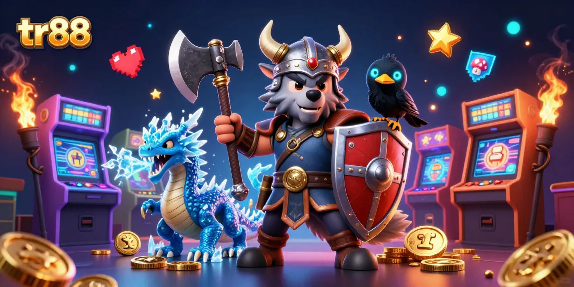 Engage with tr88's vibrant online casino through a dynamic 3D illustration featuring a Viking warrior and fantastical creatures.