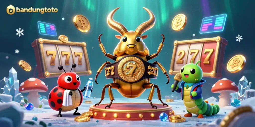 Engaging bandungtoto scene showcasing a giant stag beetle in a boxing belt surrounded by vibrant slot game elements.