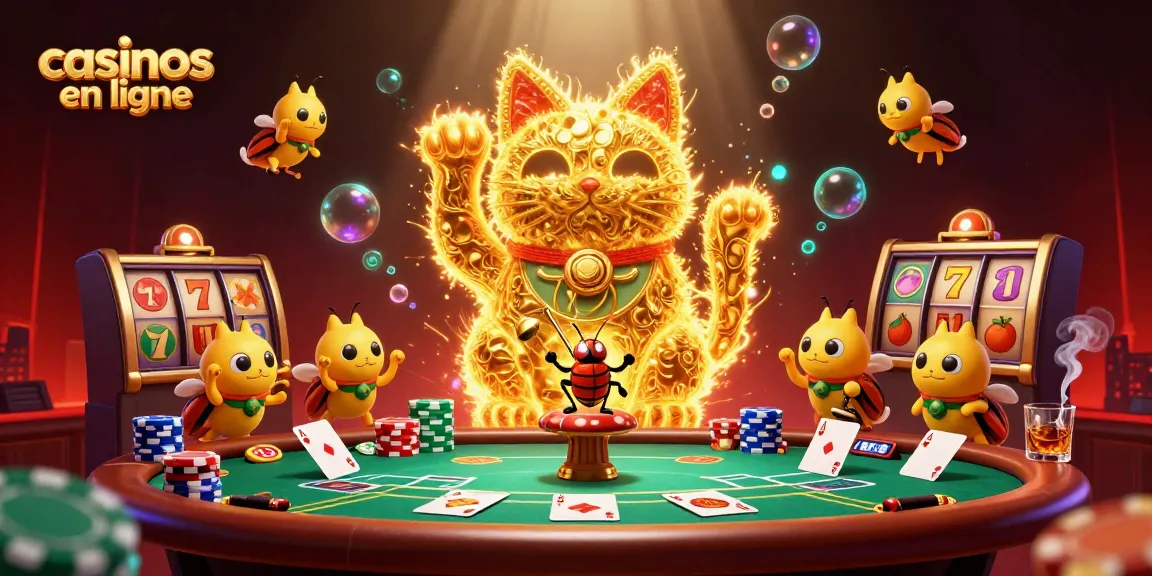 Célébrez les jeux de casinos en ligne avec ce chat porte-bonheur animé entouré d'éléments de poker