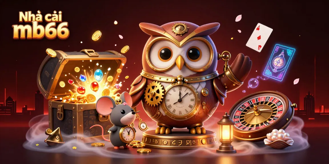Engage with Nhà cái mb66 at a vibrant casino scene featuring a time-traveling owl and thrilling game elements.