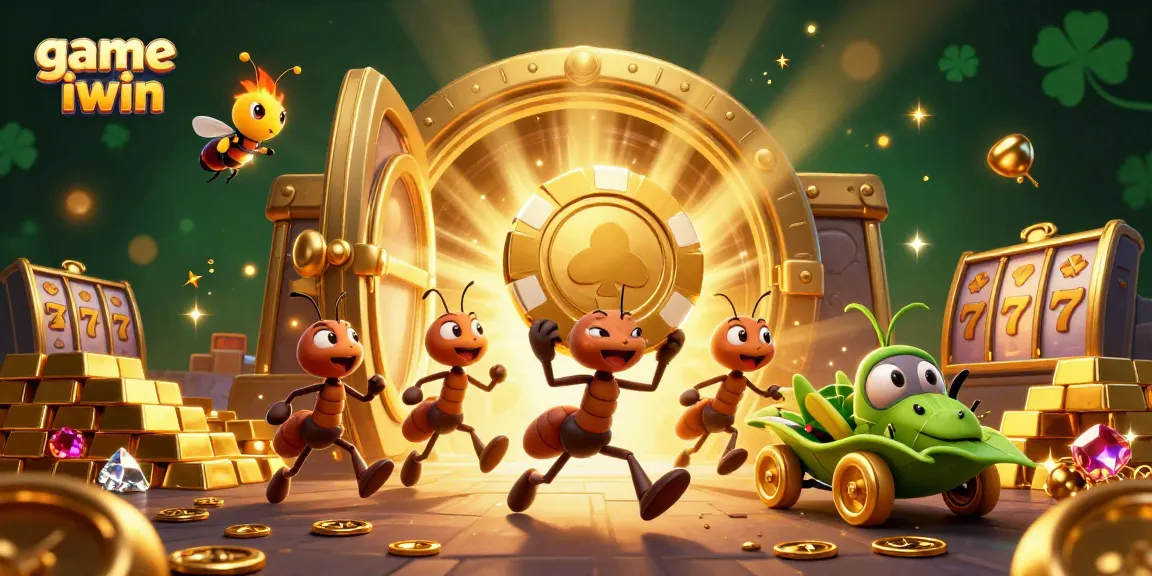 Join the fun with game iwin as ants steal golden poker chips in a vibrant casino heist scene.