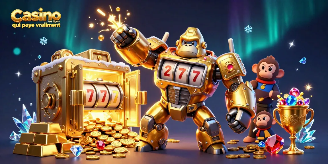 Une scène dynamique d'un casino en ligne qui paye vraiment avec un gorille mécha et des trésors scintillants.