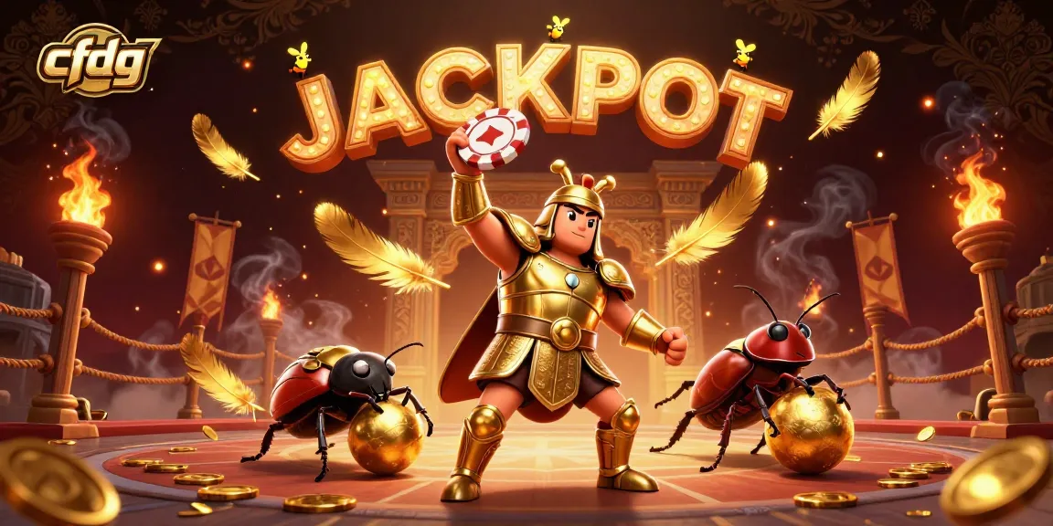 cfdg features a victorious beetle lifting a poker chip amid glowing casino elements
