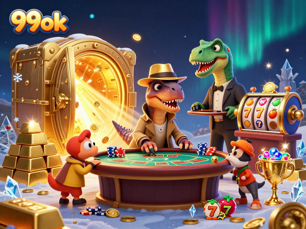 Experience the thrills of blackjack at 99ok with a velociraptor card counter and treasures around!