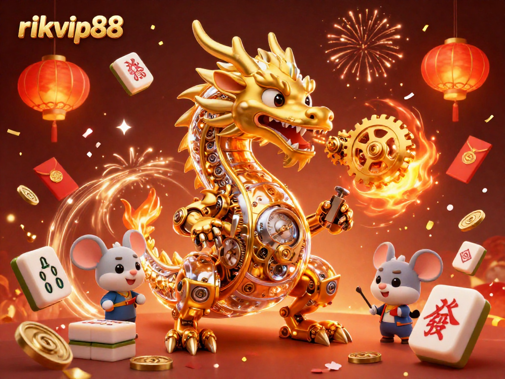 Watch the golden dragon of rikvip88 breathe gears amidst dynamic casino-themed festivities.